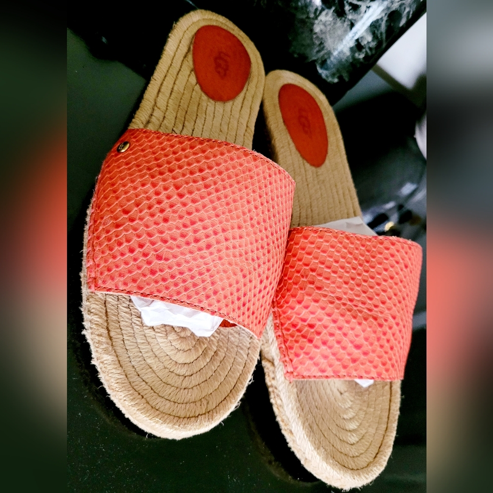 UGG Cherry Exotic Genuine Leather/Jute Espadrille Flat Slide Sandals Salmon 10